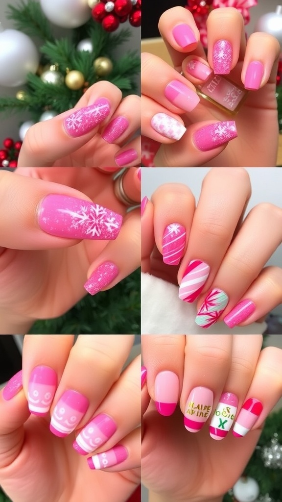 Pink Christmas Nail Inspiration for 2025 A variety of pink Christmas nail designs featuring glitter, snowflakes, and candy cane stripes.